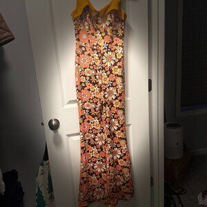 Retro 70s Floral Wide Leg Jumpsuit Orange Brown Boho Daisy Small
